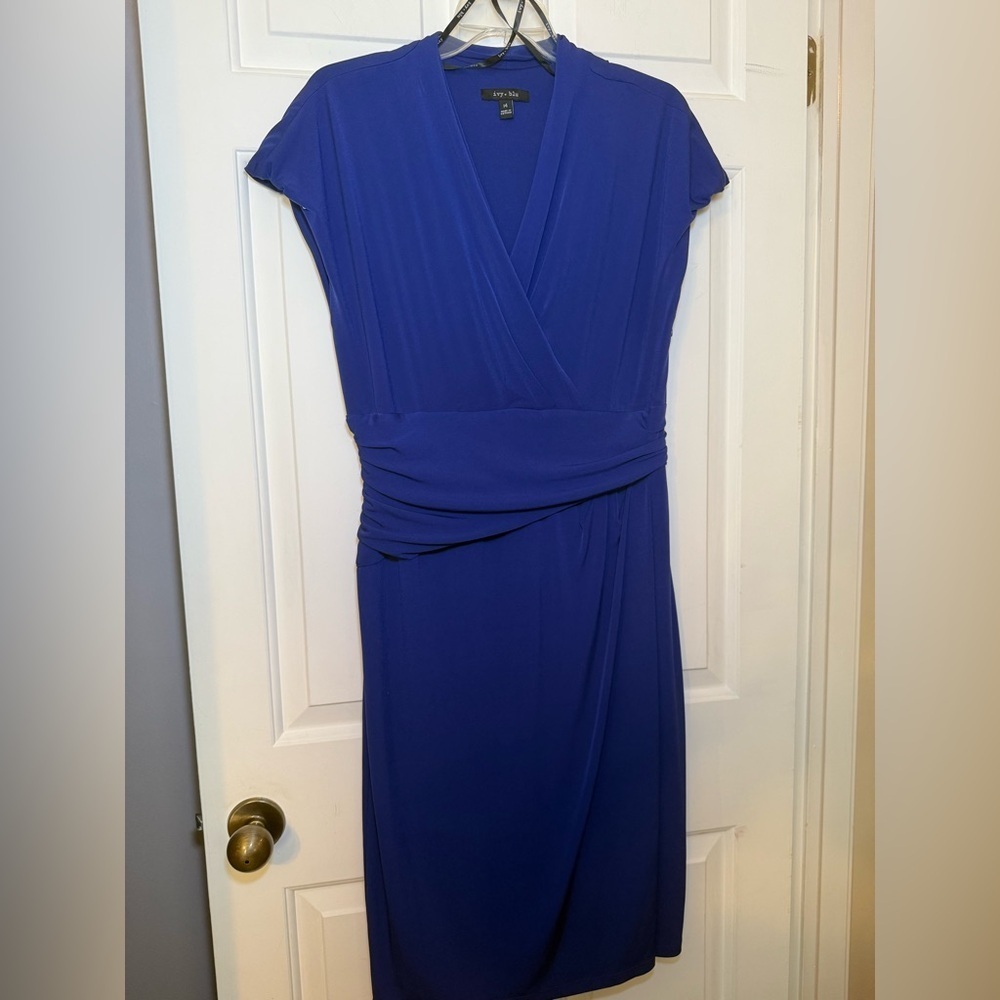 Ivy & Blu Cobalt Blue Ruched Waist Dress Sz 14 Cap Sleeves Y2K